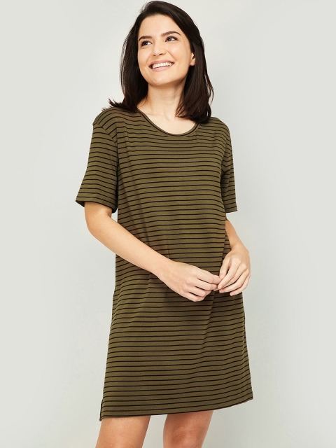 Ginger by Lifestyle Camel Brown & Black Striped T-shirt Dress