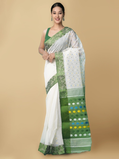 Unnati Silks Cream-Coloured & Green Woven Design Pure Cotton Taant Saree