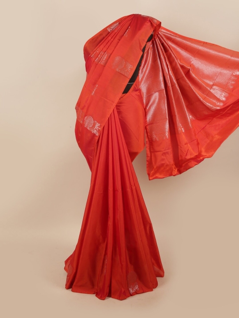 Pothys Orange & Silver-Toned Floral Silk Cotton Saree