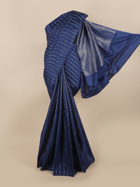 Pothys Navy Blue & Silver-Toned Striped Silk Cotton Saree