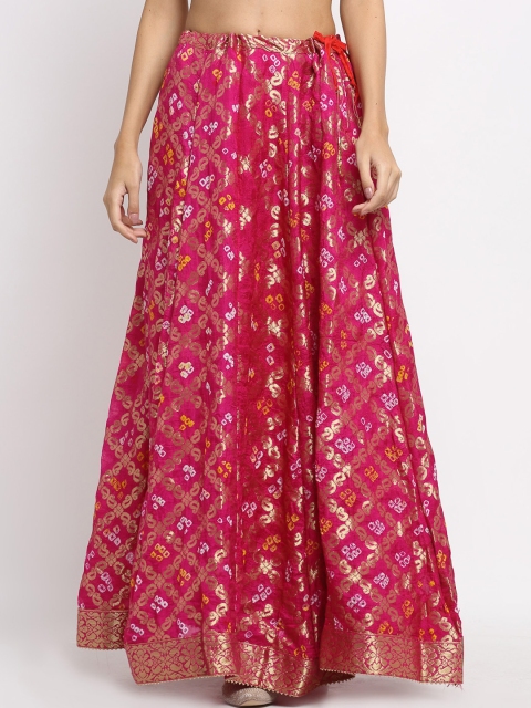 SOUNDARYA Women Pink & Gold-Coloured Printed Flared Maxi Skirt