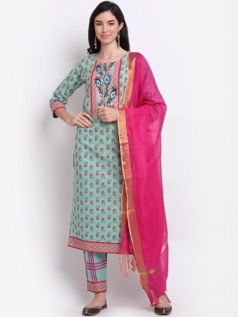 GoSriKi Women Sea Green Ethnic Motifs Printed Layered Kurta with Trousers & With Dupatta