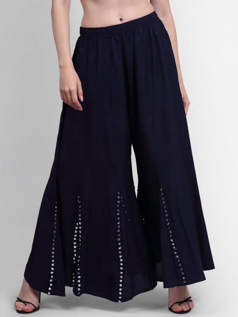 NEUDIS Women Navy Blue Flared Palazzos With Mirror Work