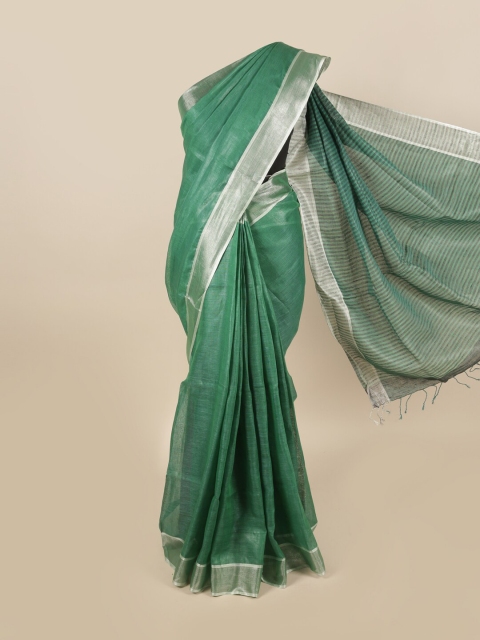 Pothys Green & Silver-Toned Zari Linen Blend Saree