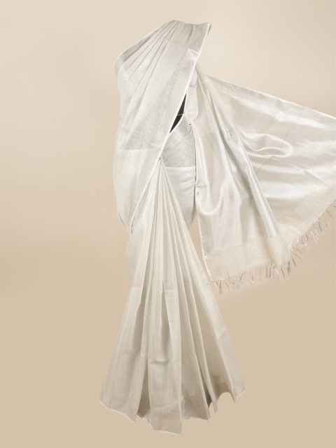 Pothys Silver-Toned Zari Linen Blend Saree