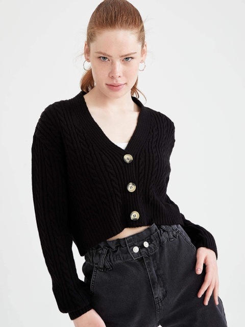 DeFacto Women Black Cable Knit Crop Cardigan