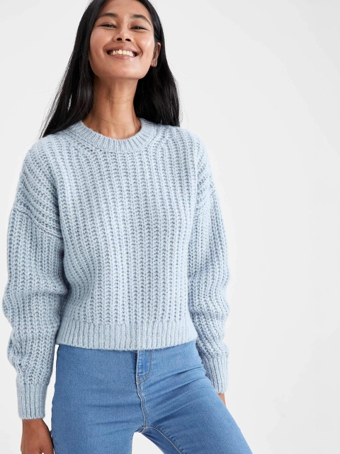 DeFacto Women Blue Oversized Self Design Pullover