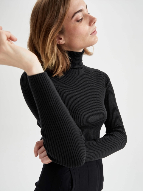 DeFacto Women Black Pure Cotton Ribbed Pullover