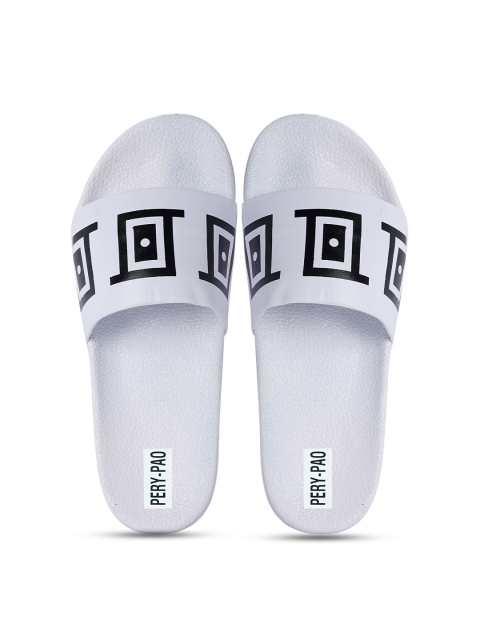 PERY PAO Men White & Black Printed Rubber Sliders