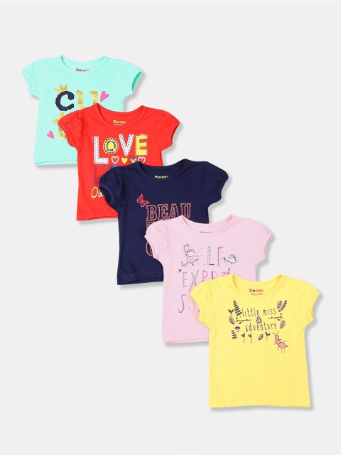 Donuts Girls Assorted Pack Of 5 Typography Printed Puff Sleeves T-shirt