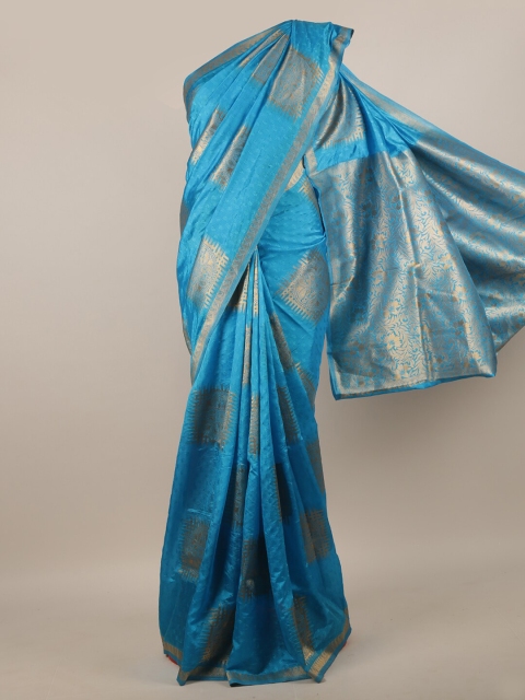 Pothys Blue & Gold-Toned Woven Design Zari Jute Silk Saree