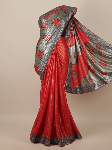 Pothys Red & Grey Floral Beads and Stones Saree