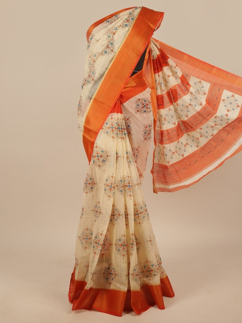 Pothys Cream-Coloured & Orange Ethnic Motifs Printed Zari Saree