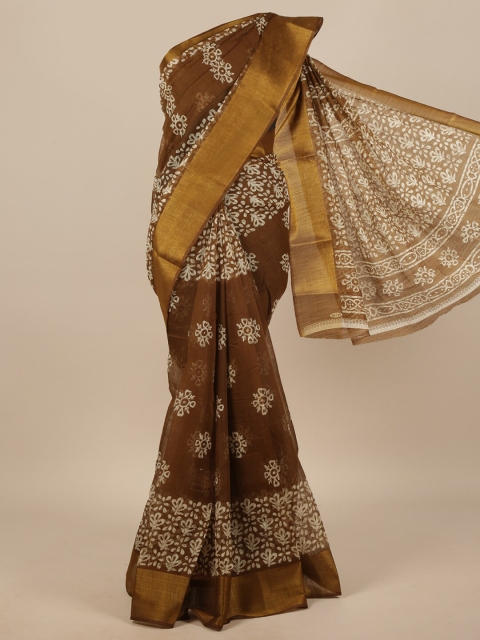 Pothys Brown & White Floral Zari Saree