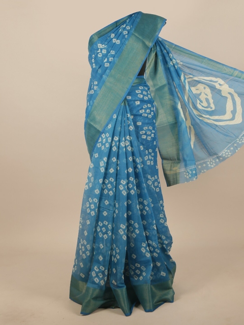 Pothys Blue & White Bandhani Printed Zari Saree