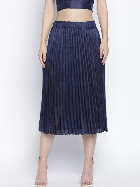 Oxolloxo Women Navy Blue Solid Midi-Length Pleated Skirt