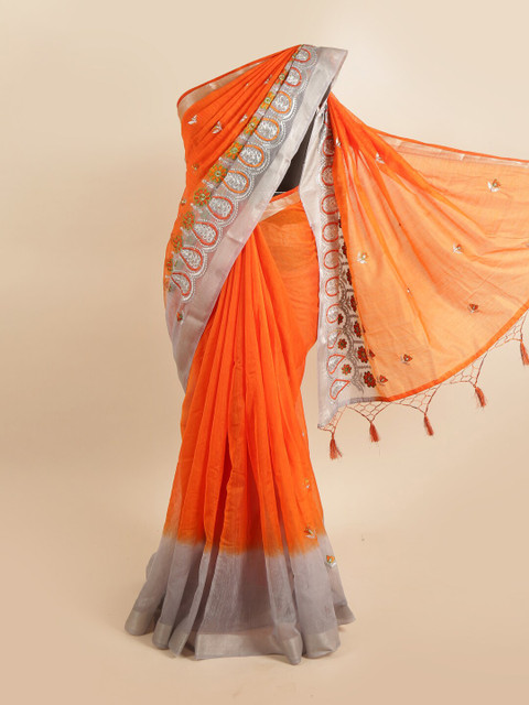 Pothys Orange & Silver-Toned Floral Embroidered Tissue Saree
Pothys Orange & Silver-Toned Floral Embroidered Tissue Saree