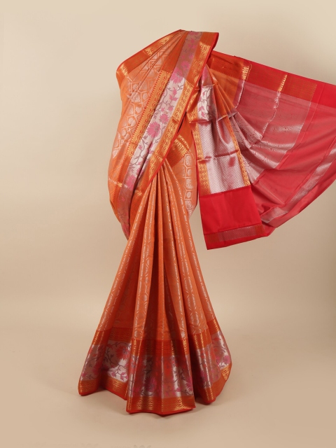 Pothys Orange & Gold-Toned Floral Silk Blend Saree