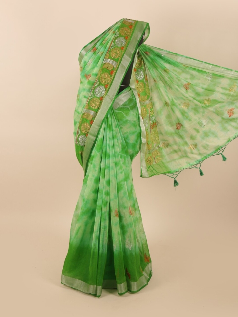Pothys Green & Red Tie and Dye Zari Tissue Saree