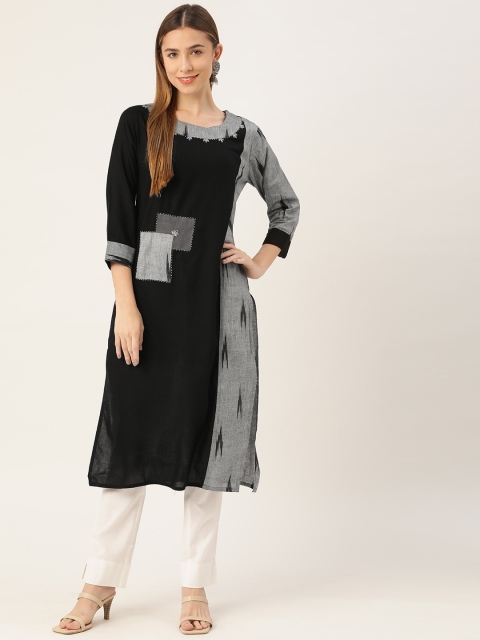 INDYES Women Black & Grey Geometric Embroidered Patchwork Pastels Kurta