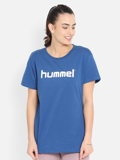 hummel Women Blue Typography Pure Cotton T-shirt