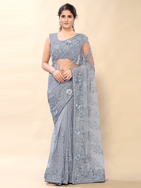 Mitera Grey Floral Embroidered Net Saree