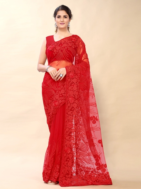 Mitera Red Floral Embroidered Net Saree