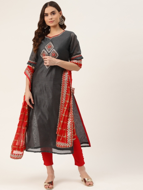 INDYES Women Charcoal Embroidered Regular Gotta Patti Chanderi Silk Kurta with Trousers & With Dupatta
INDYES Women Charcoal Embroidered Regular Gotta Patti Chanderi Silk Kurta with Trousers & With Dupatta