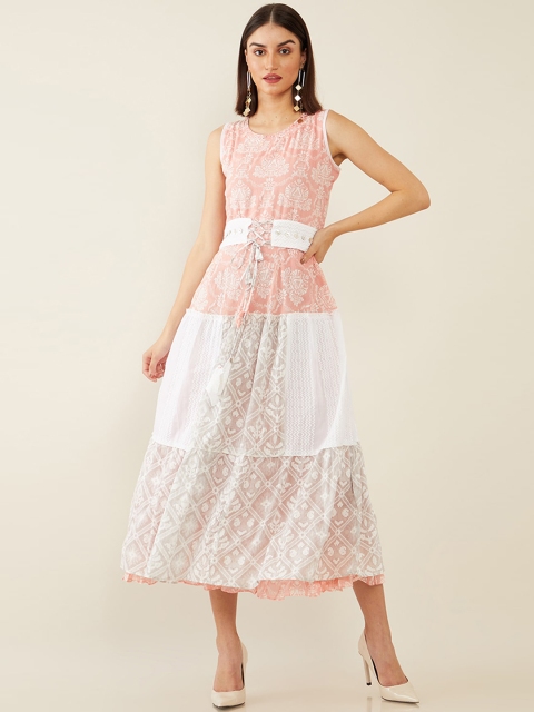 Soch Pink & White Floral Printed Cotton Midi Dress