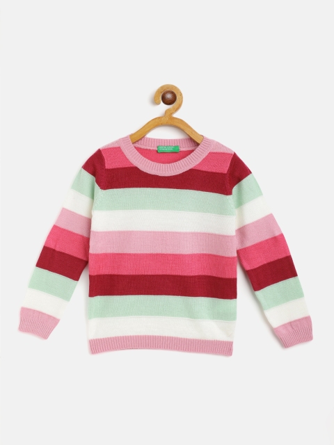 United Colors of Benetton Girls Pink & Maroon Striped Pullover Sweater