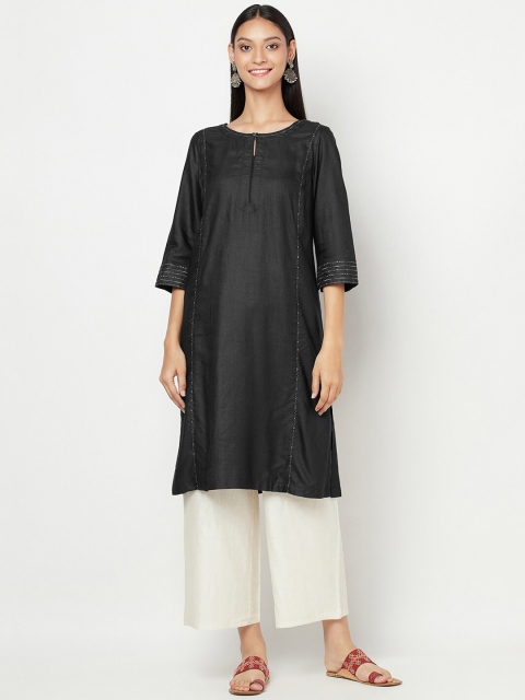 Fabindia Women Black Keyhole Neck Kurta