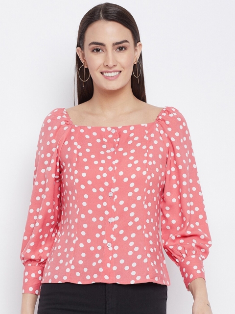 PURYS Pink Polka dots Printed Blouson Top