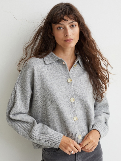H&M Women Grey Collared Knitted Cardigan