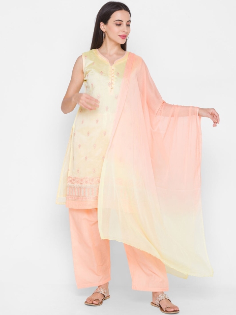 ZOLA Women Yellow Floral Embroidered Regular Chanderi Silk Kurti with Palazzos & With Dupatta
ZOLA Women Yellow Floral Embroidered Regular Chanderi Silk Kurti with Palazzos & With Dupatta