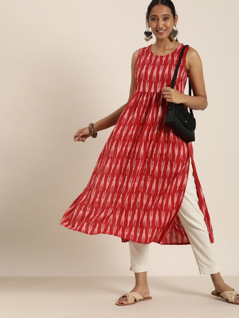 Taavi Women Red Ikat Woven Design Kurta