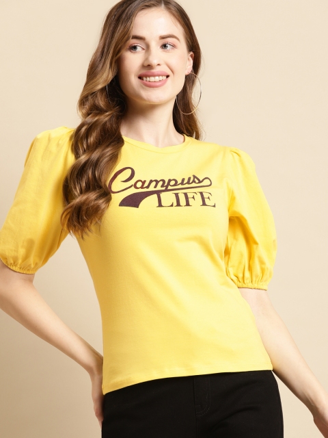 COVER STORY Women Yellow Typography Printed T-shirt