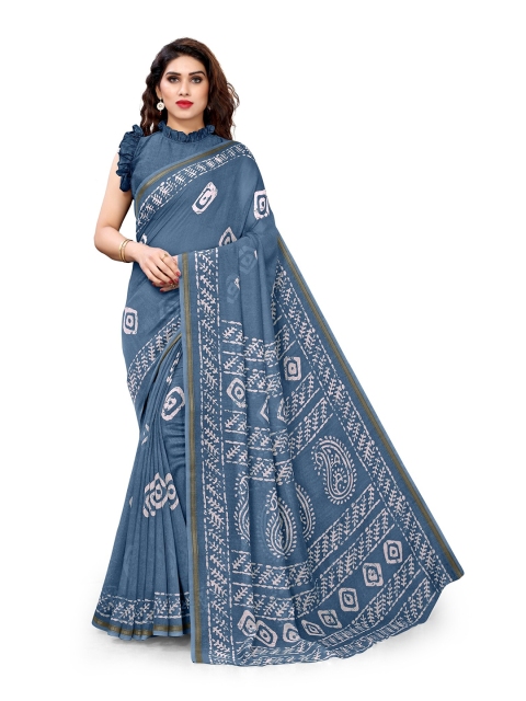 KALINI Blue & White Cotton Bandhani Zari Saree