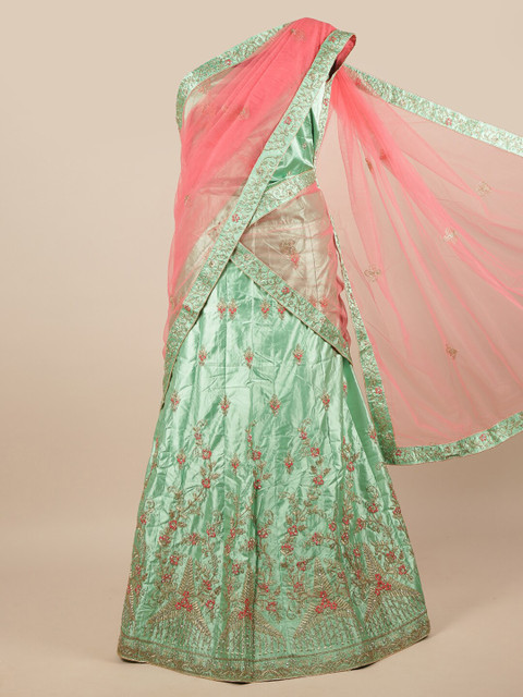 Pothys Green & Pink Embroidered Beads and Stones Unstitched Lehenga & Blouse With Dupatta 
Pothys Green & Pink Embroidered Beads and Stones Unstitched Lehenga & Blouse With Dupatta