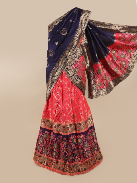 Pothys Blue & Pink Unstitched Lehenga & Blouse With Dupatta