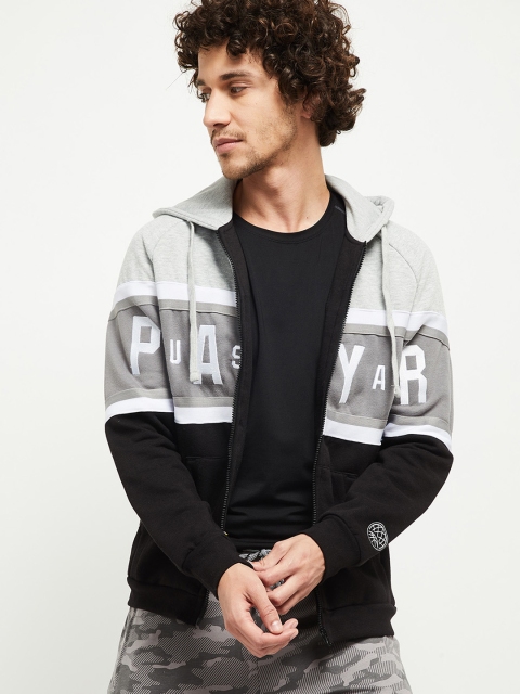 max Men Grey Melange Printed Hooded Sweatshirt