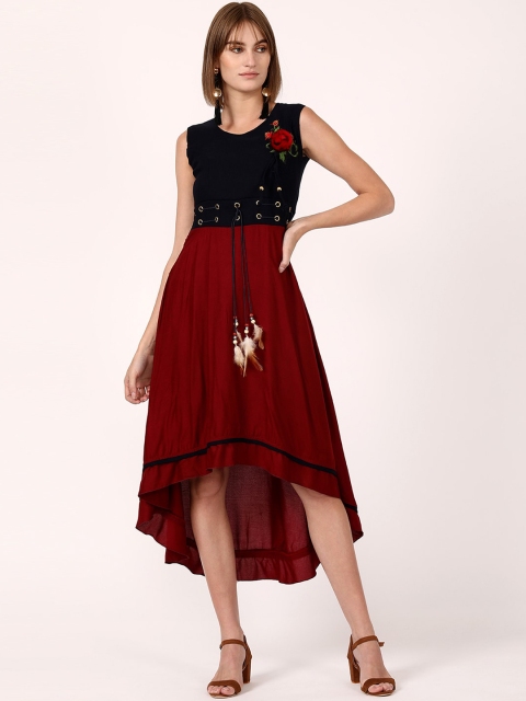V2 Value & Variety Maroon & Navy Blue Colourblocked Midi Dress