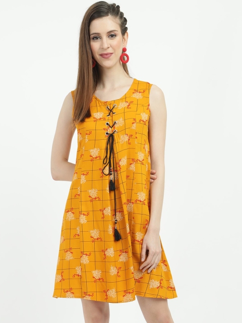 V2 Value & Variety Mustard Yellow Floral Tie-Ups A-Line Dress