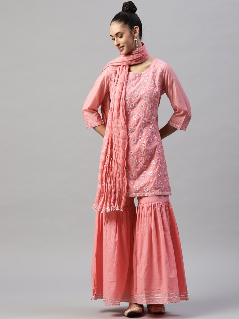 Laabha Women Pink Embroidered Regular Chanderi Cotton Kurti with Skirt & With Dupatta
Laabha Women Pink Embroidered Regular Chanderi Cotton Kurti with Skirt & With Dupatta