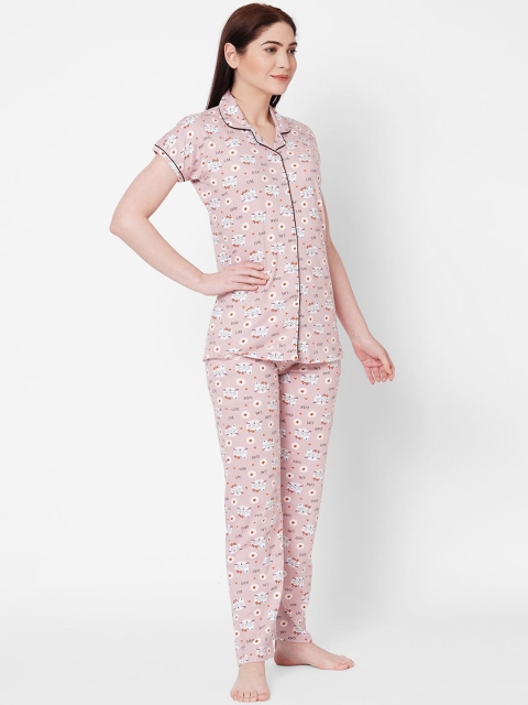 ZOLA Women Pink & White Printed Night suit