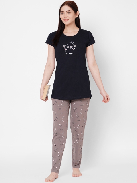 ZOLA Women Black & Grey Pure Cotton Printed Night suit