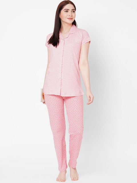 ZOLA Women Peach-Coloured & White Printed Cotton Night suit