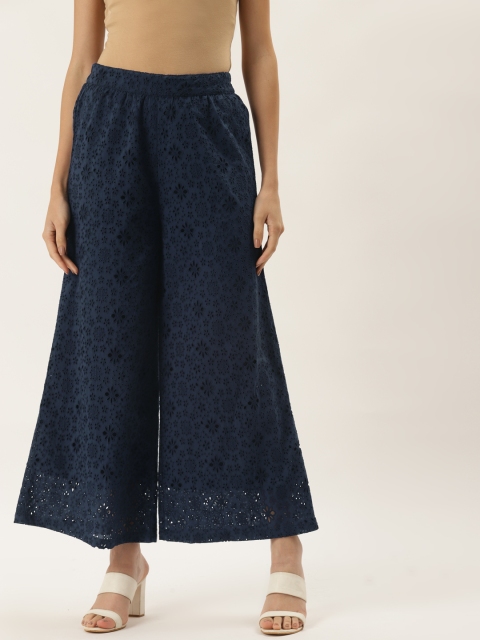 9teenAGAIN Women Navy Blue Embroidered Flared Knitted Palazzos