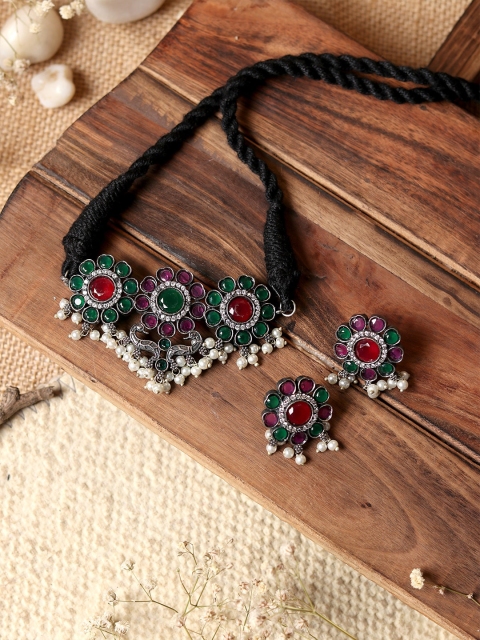 TEEJH Oxidized Silver-Plated Pink & Green Stone-Studded & Pearl Beaded Jewellery Set
TEEJH Oxidized Silver-Plated Pink & Green Stone-Studded & Pearl Beaded Jewellery Set