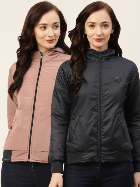 Okane Women Rose & Navy Solid Hooded Reversible Bomber Jacket
