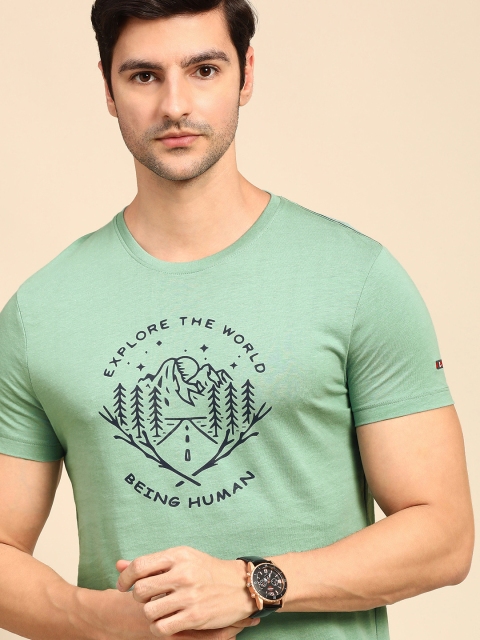 Being Human Clothing Men Sea Green Brand Logo Printed Pure Cotton T-shirt